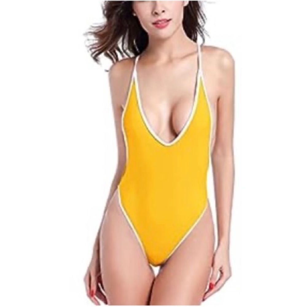Sexy yellow thong one piece bathing suit